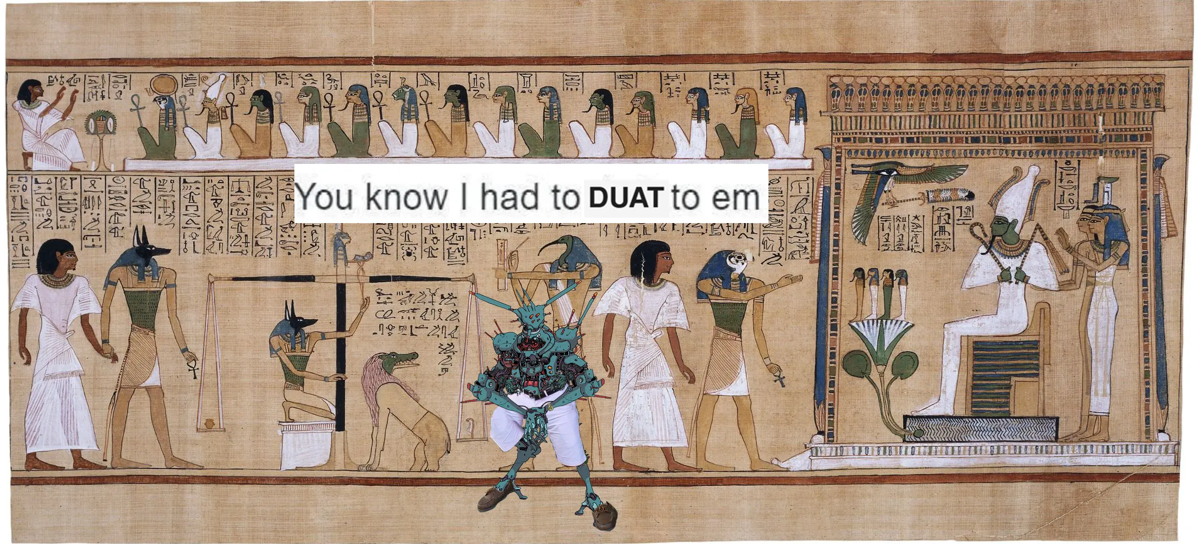 The Horus Goblin, a mech frame from Lancer, on top of an Egyptian papyrus scene saying "You know I had to DUAT to em"