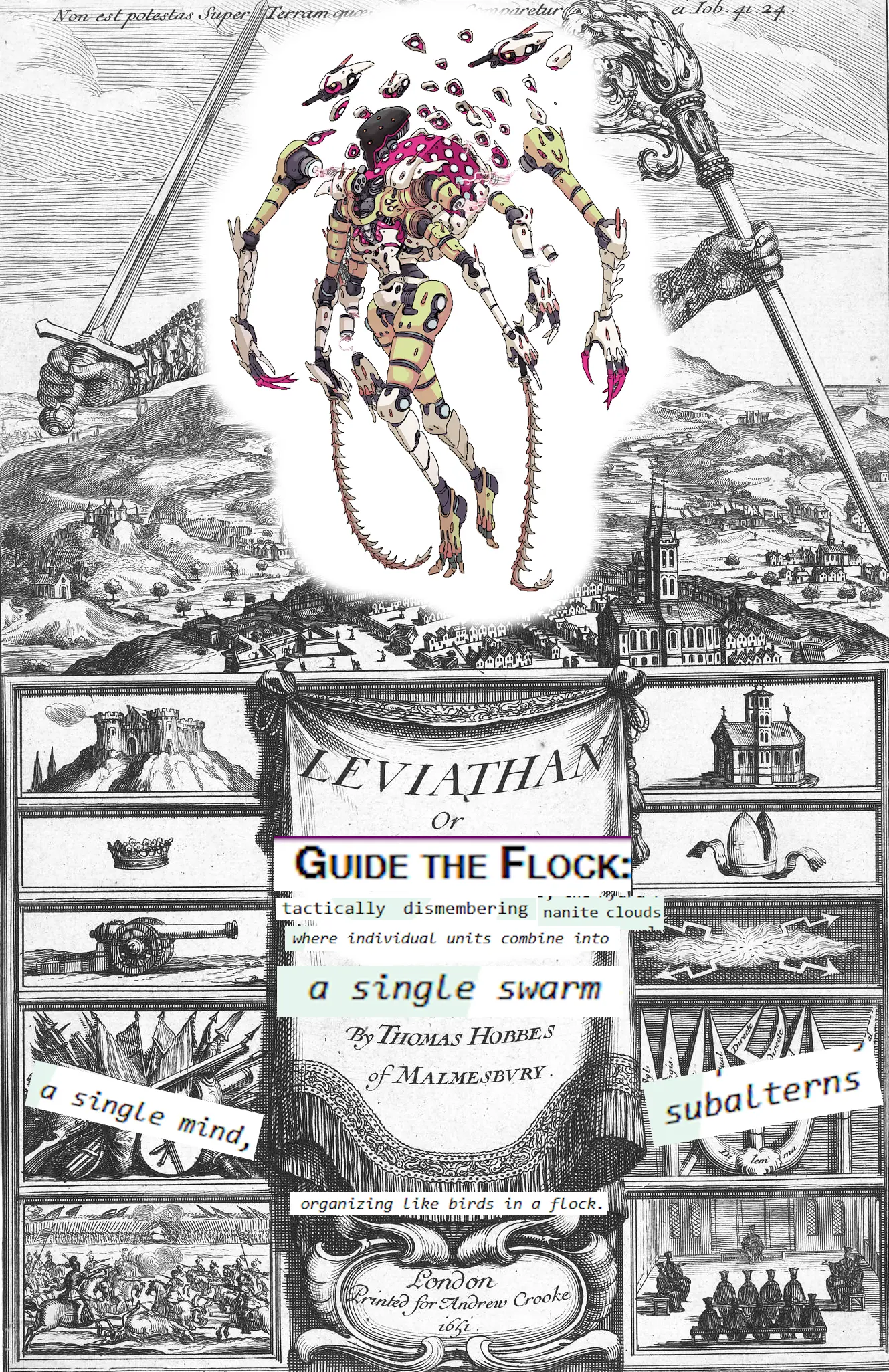 The cover to Thomas Hobbes' "Leviathan", the classic political book that says kings get their power by making a social contract with lots of little guys. The Balor nano-swarm mech from Lancer is imposed on the cover, with Lancer rule text copy pasted over most of the book cover text